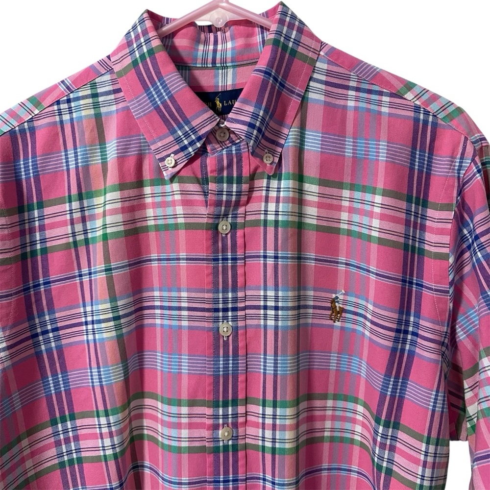 Polo Ralph Lauren Pink Plaid Oxford Shirt Mens Medium M Custom Fit Preppy Pony